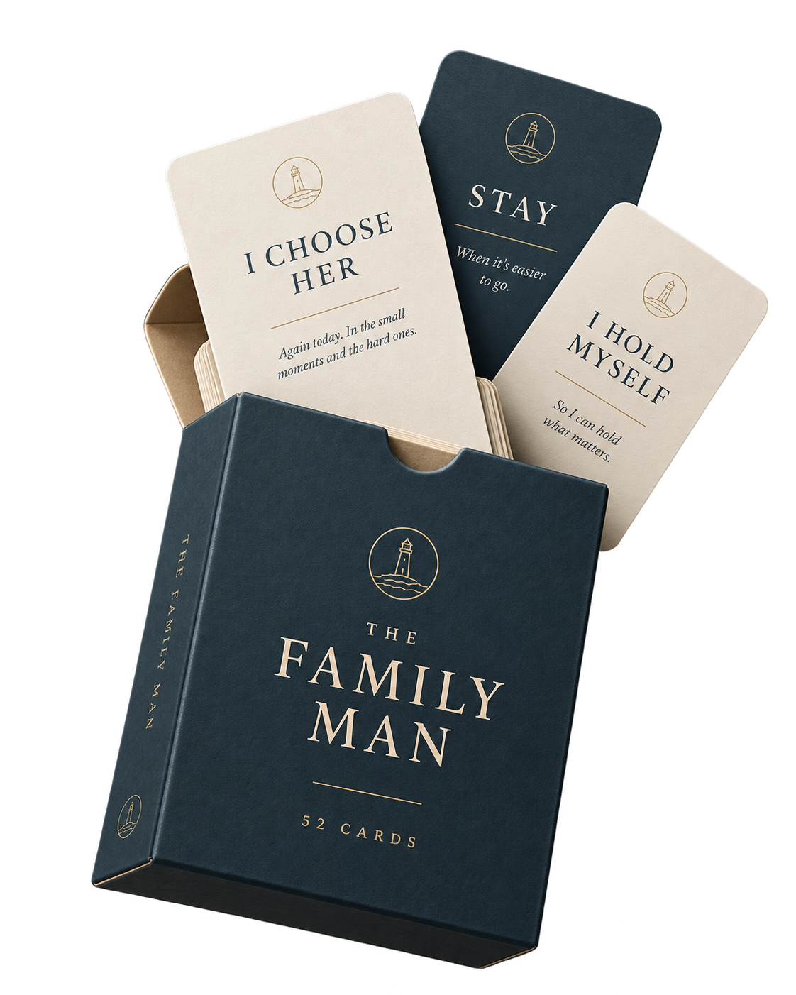 Kaartenset van 52 Family Man cards in een donkerblauw doosje