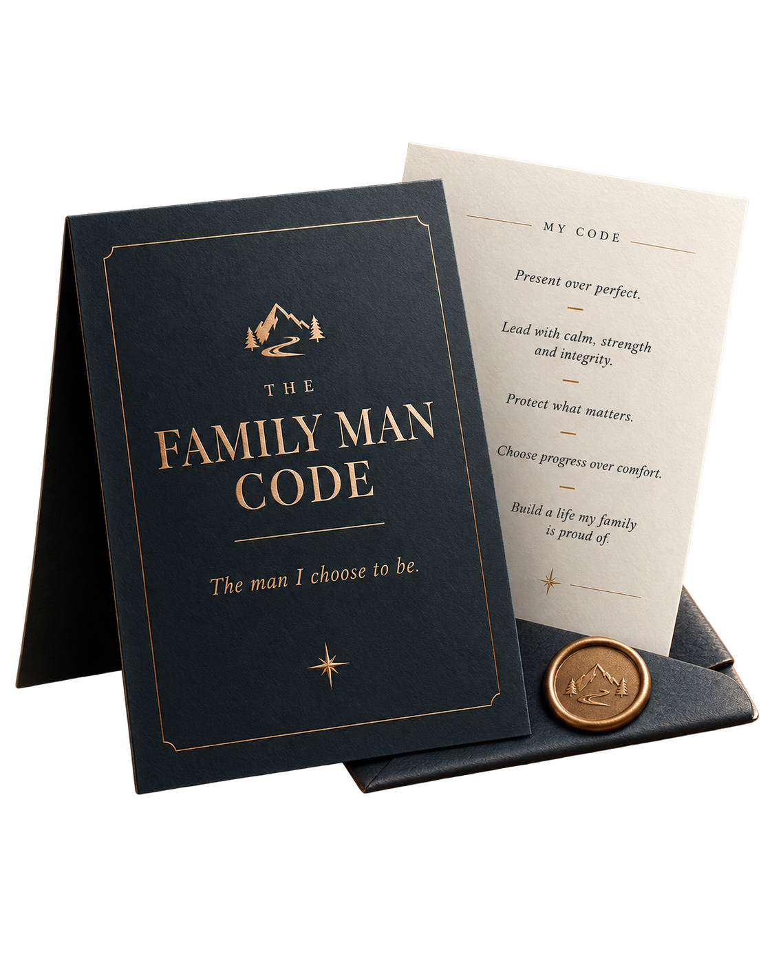 The Family Man Code kaart met wassen zegel in een donkerblauwe map