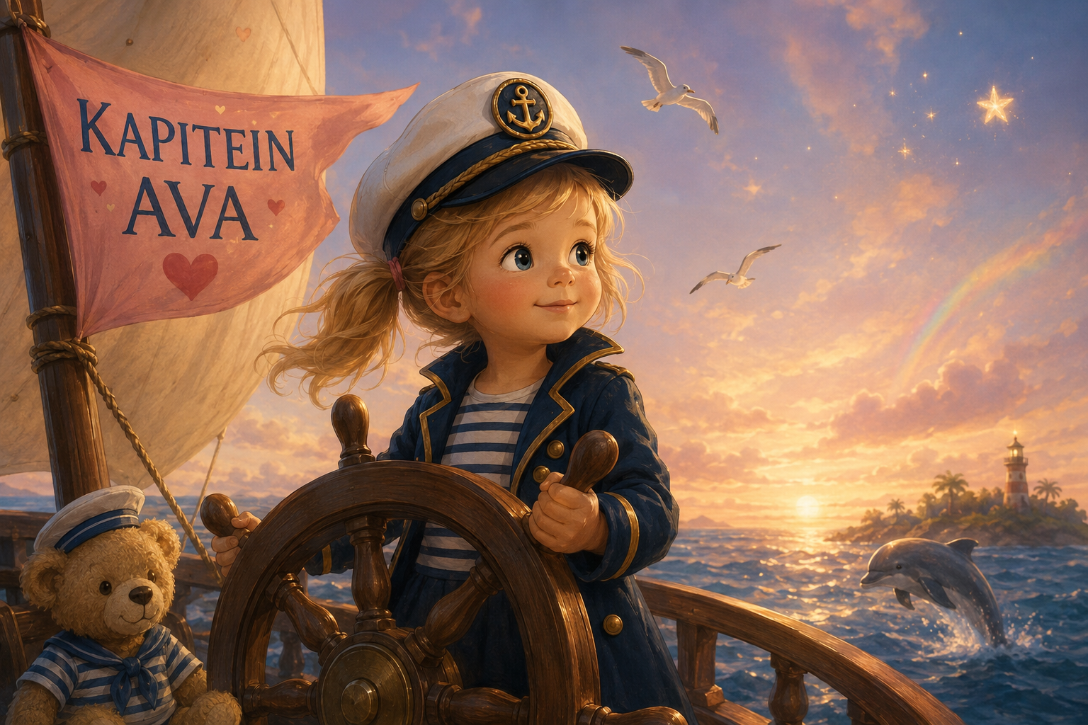 Kapitein Ava aan het roer van haar schip bij zonsondergang